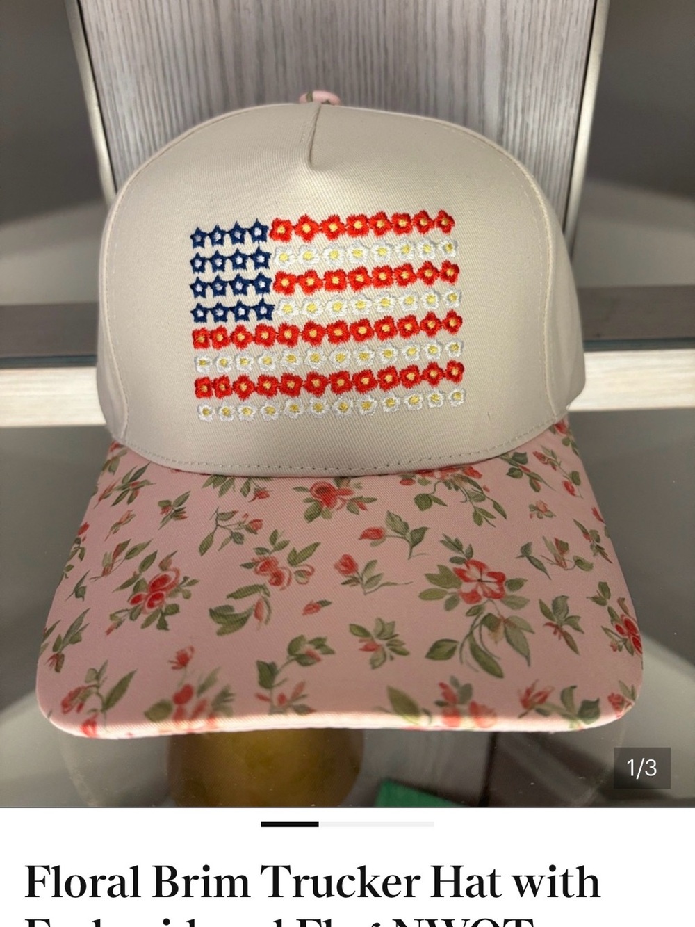 **TWO** Floral Brim Trucker Hats with Flag Embroidery - Pink